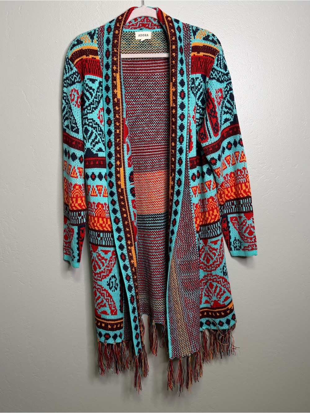 Adora Womens Western Aztec Fringe Open Boho Turquoise Cardigan Sz M/L
